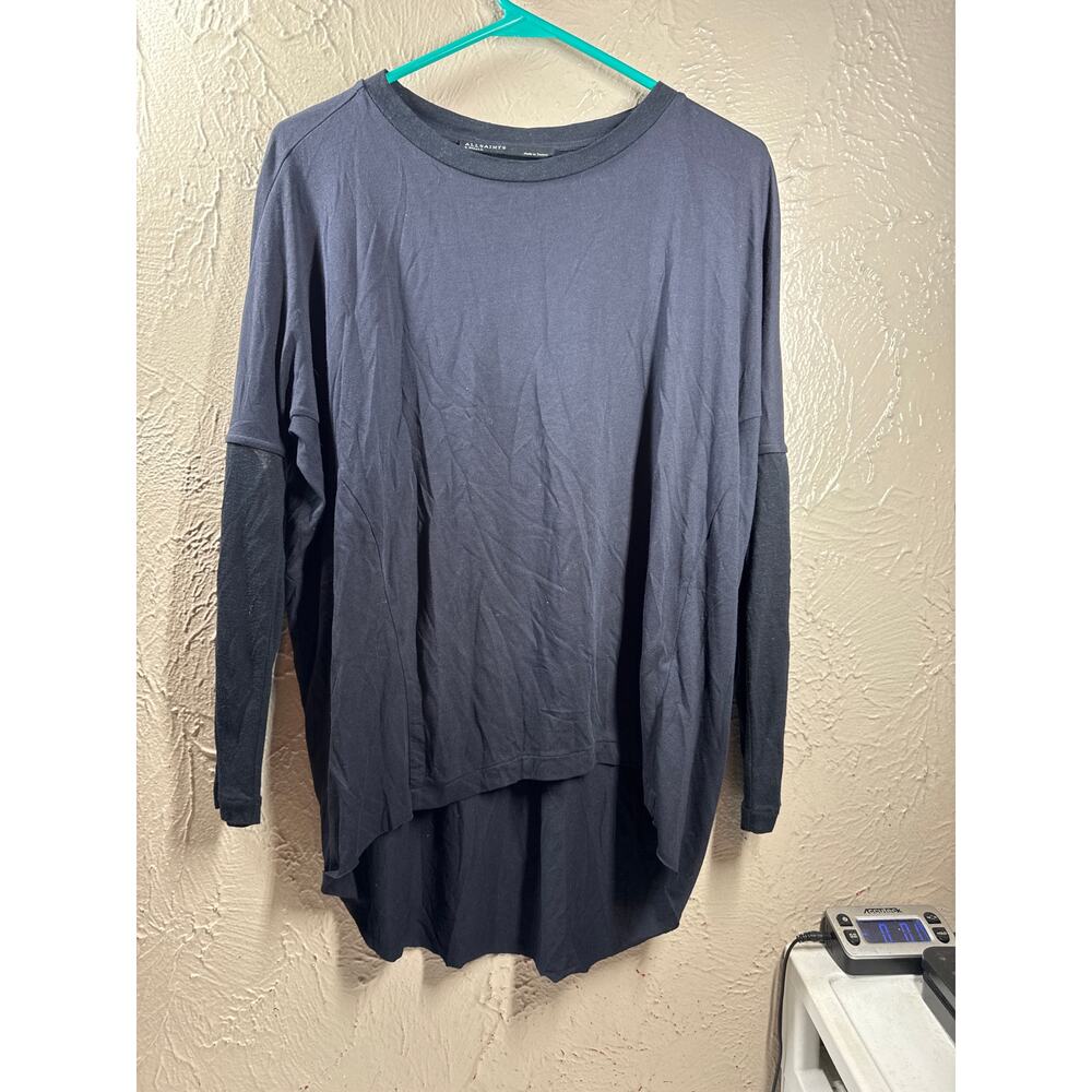 All Saints Wavetop Top Navy Thin Hi-Low Hem Crew‎ Neck Open Elbow Relax Size XS